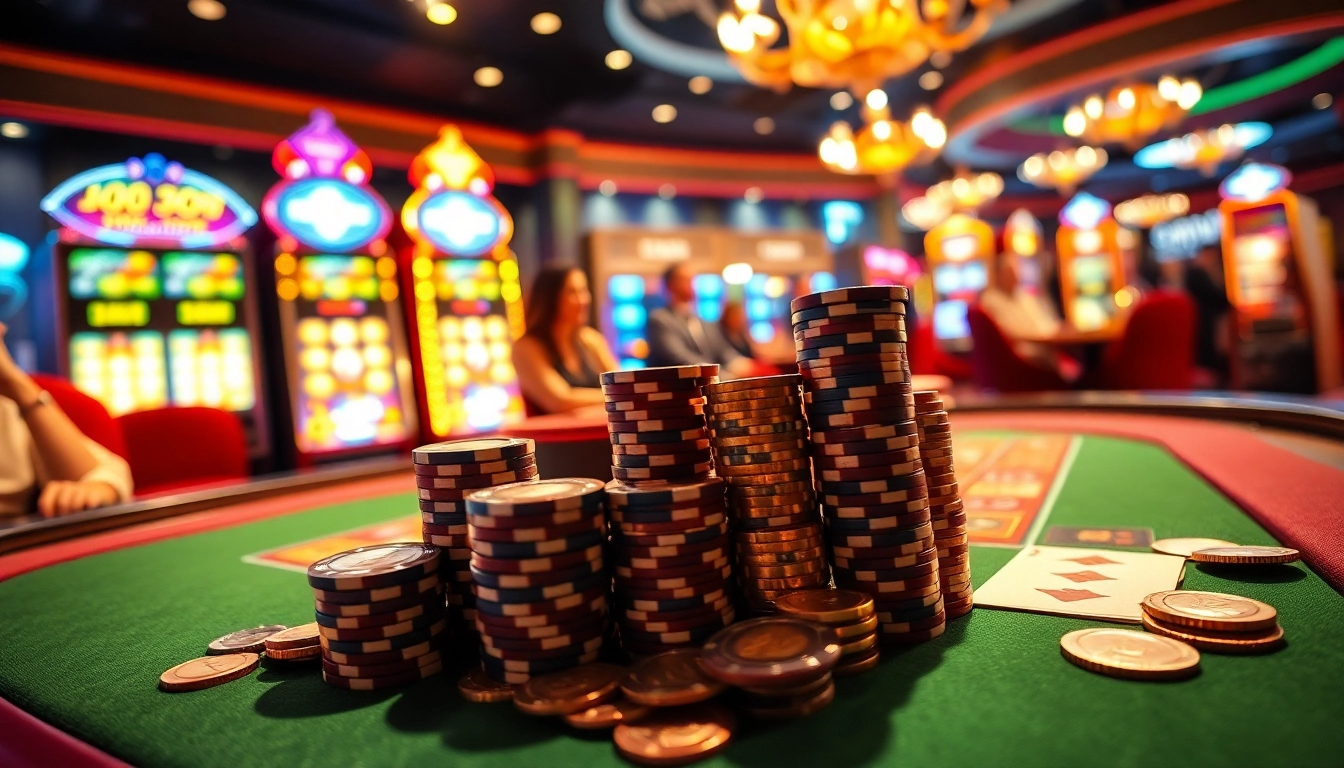 Une scène passionnante dans le meilleur casino en ligne avec des joueurs à une table de roulette, des jetons de poker et des machines à sous étincelantes.