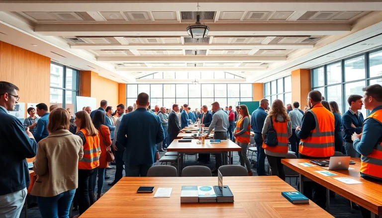 Engaging construction networking event with professionals collaborating and sharing insights.