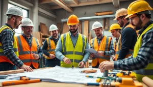 A group engaged in construction training with instructors guiding them on essential skills.