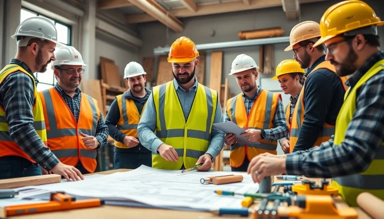 A group engaged in construction training with instructors guiding them on essential skills.