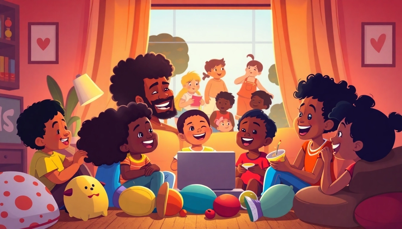 A diverse group of children enjoying African American cartoons in a cozy living room setting.