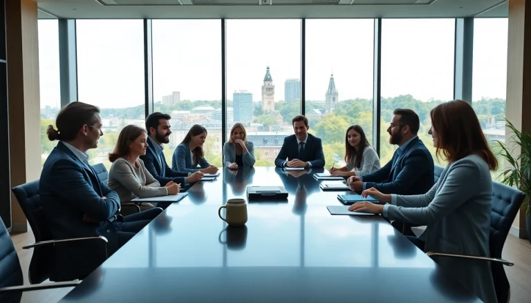 Engaged discussion around a family holding Luxembourg strategy in a modern office setting.