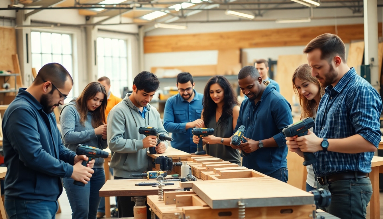 Engaged individuals participating in skilled trades training, collaborating on hands-on projects.