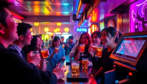 노래방과 음료를 즐기는 손님들이 있는 제주도유흥의 역동적인 장면, 활기찬 분위기를 보여줍니다.