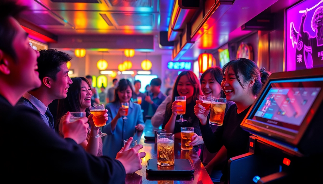 노래방과 음료를 즐기는 손님들이 있는 제주도유흥의 역동적인 장면, 활기찬 분위기를 보여줍니다.