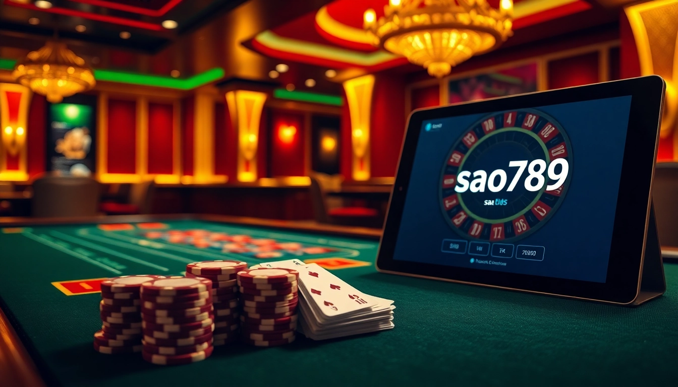 Sao789 gaming setup with poker chips and cards on a table, showcasing an exciting online gambling experience.