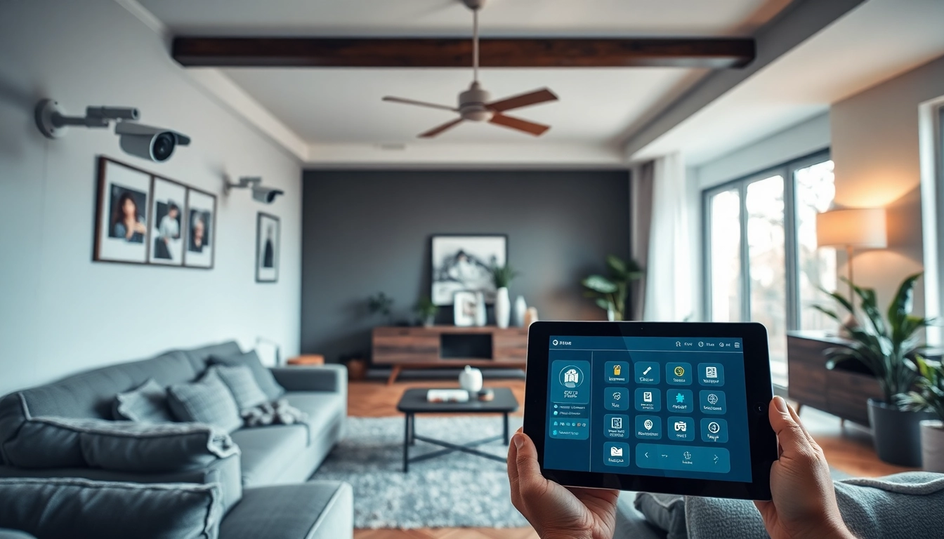 Alarmas de seguridad que muestran un sistema de seguridad para el hogar de alta tecnología en una sala de estar moderna.