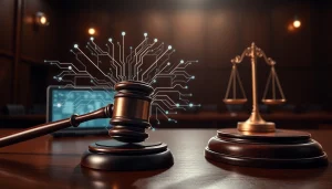 Reprezentacja AI a prawo w kontekście sądownictwa, gavel i układ AI.
