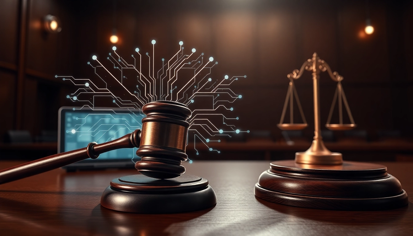 Reprezentacja AI a prawo w kontekście sądownictwa, gavel i układ AI.