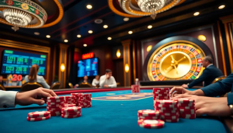 Players engaging in high-stakes poker at mm88.com casino with vibrant colors and luxury details.