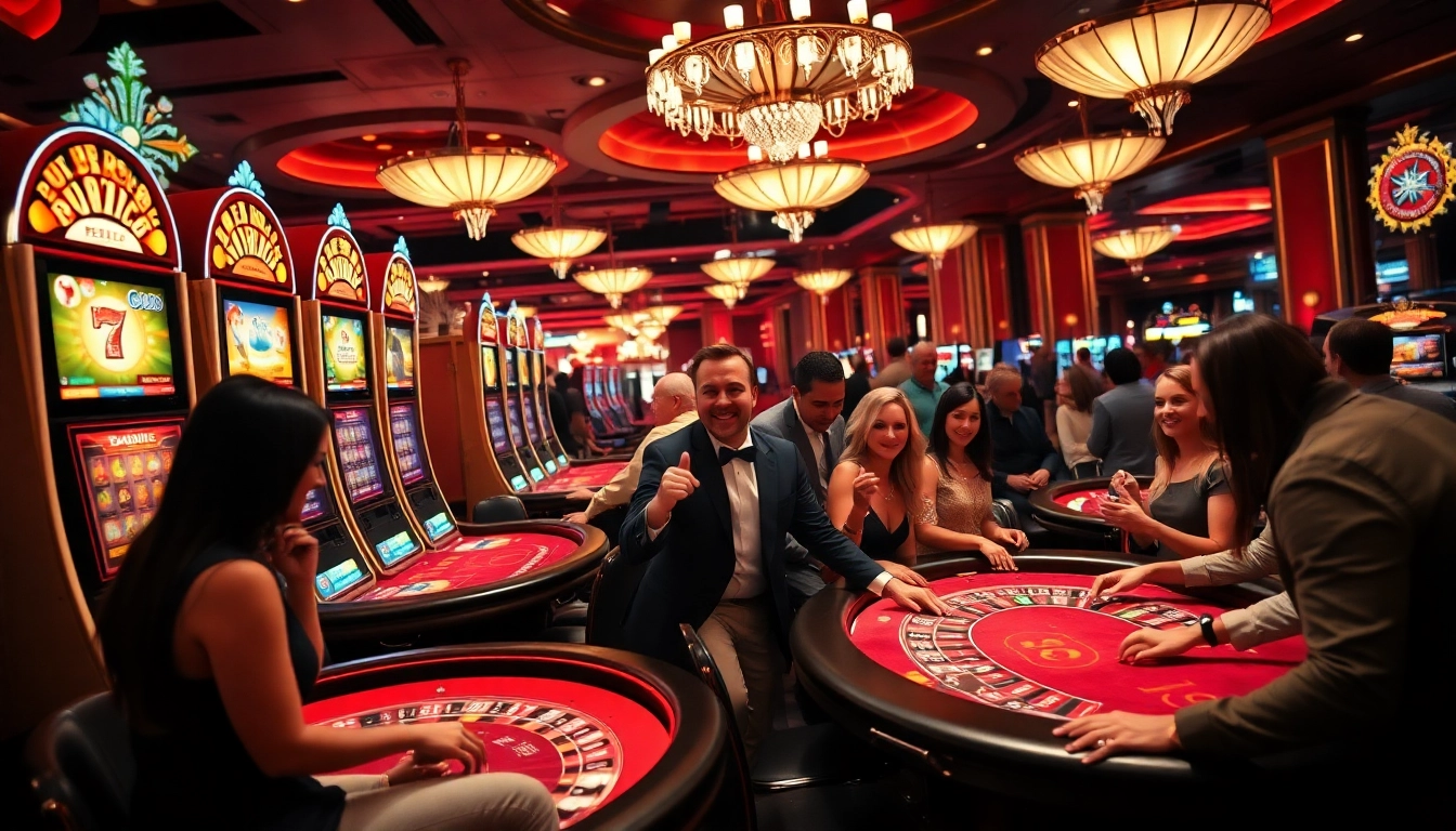 Zonafilm gamblers enjoying a vibrant casino atmosphere with roulette and slot machines.