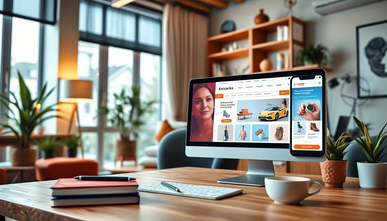 Showcasing a vibrant ecommerce website essex on a desktop and mobile device in a modern workspace.