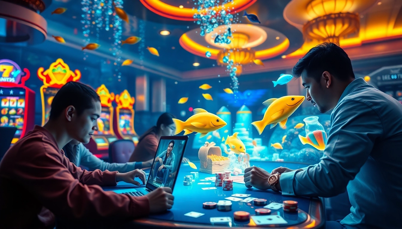 Bắn cá đổi thưởng in an exciting underwater casino environment, featuring vibrant graphics and engaged players.