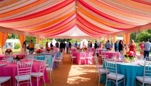 Celebrate in style with stunning Event Rentals showcasing beautifully decorated tents and tables.
