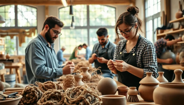 Engaging craft training programs with artisans creating unique handmade projects in a vibrant workshop.