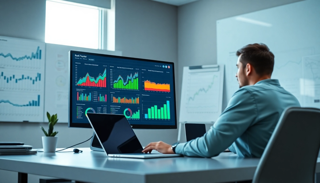 Analyze performance metrics with SEO Rank Tracker on a digital dashboard in an office.