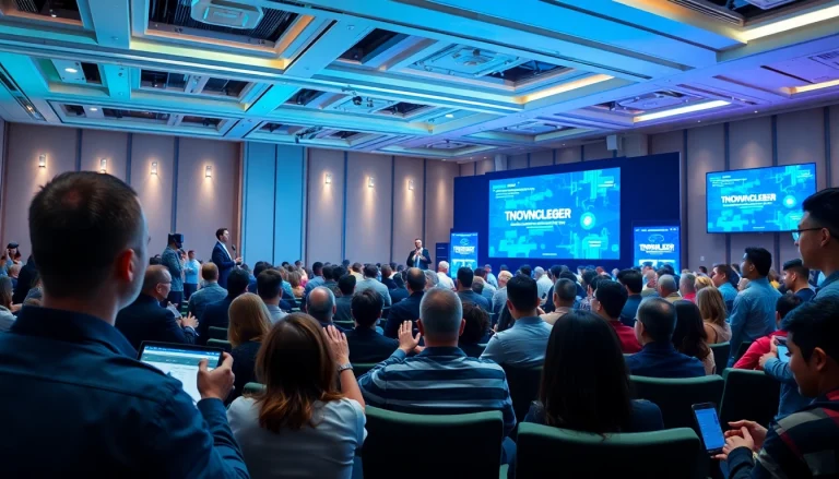 Attendees networking at the technology leadership conference, engaging with dynamic presentations.