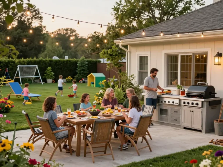 Enjoying outdoor living configurator designed space with family gathering around custom kitchen
