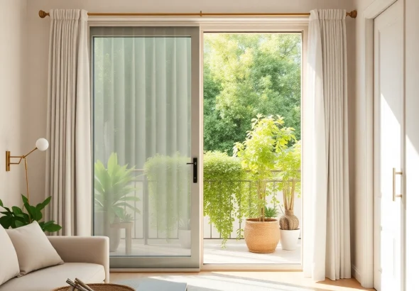 Wysokiej jakości moskitiery na drzwi balkonowe z eleganckim wykończeniem w nowoczesnym wnętrzu.