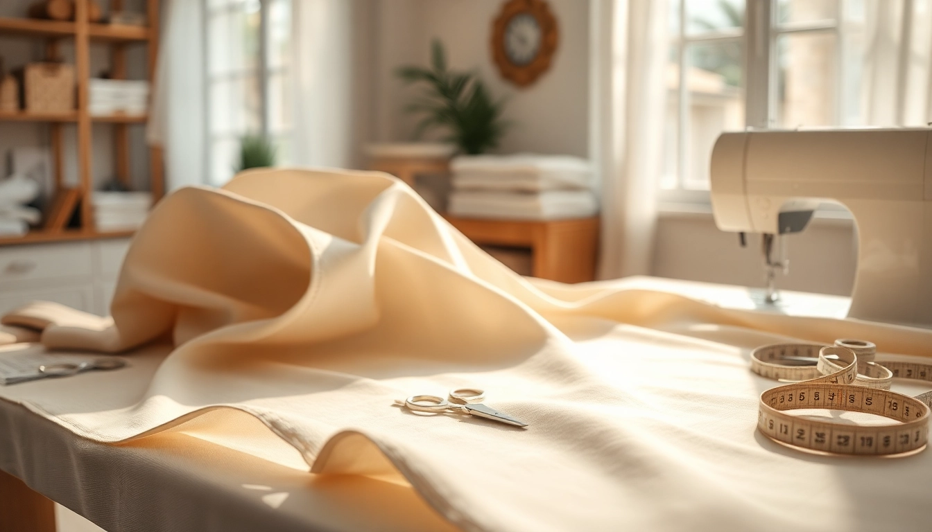 Dunne katoen stof displayed beautifully on a sewing table with tools nearby.