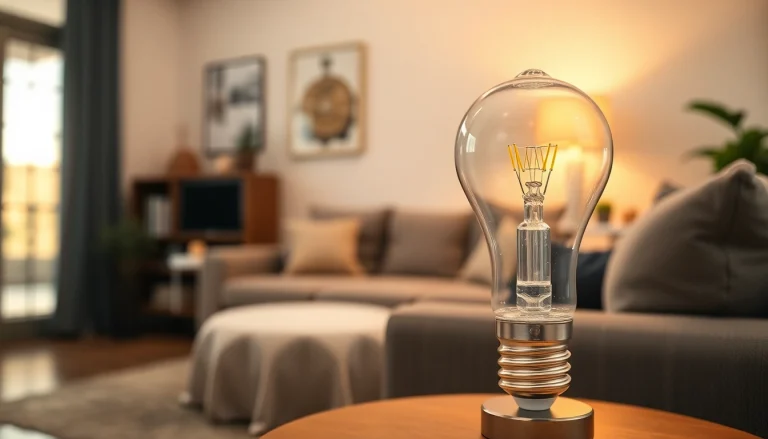 Showcasing an LED A19 bulb illuminating a living space with contemporary decor.