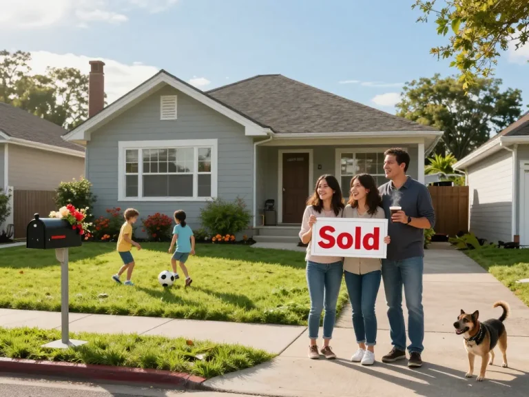 Family celebrating after selling their house fast for cash in a vibrant neighborhood.