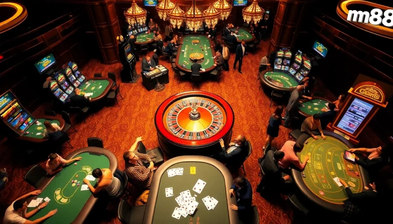 Players enjoying vibrant casino games at mm88, featuring blackjack, roulette, and poker tables.