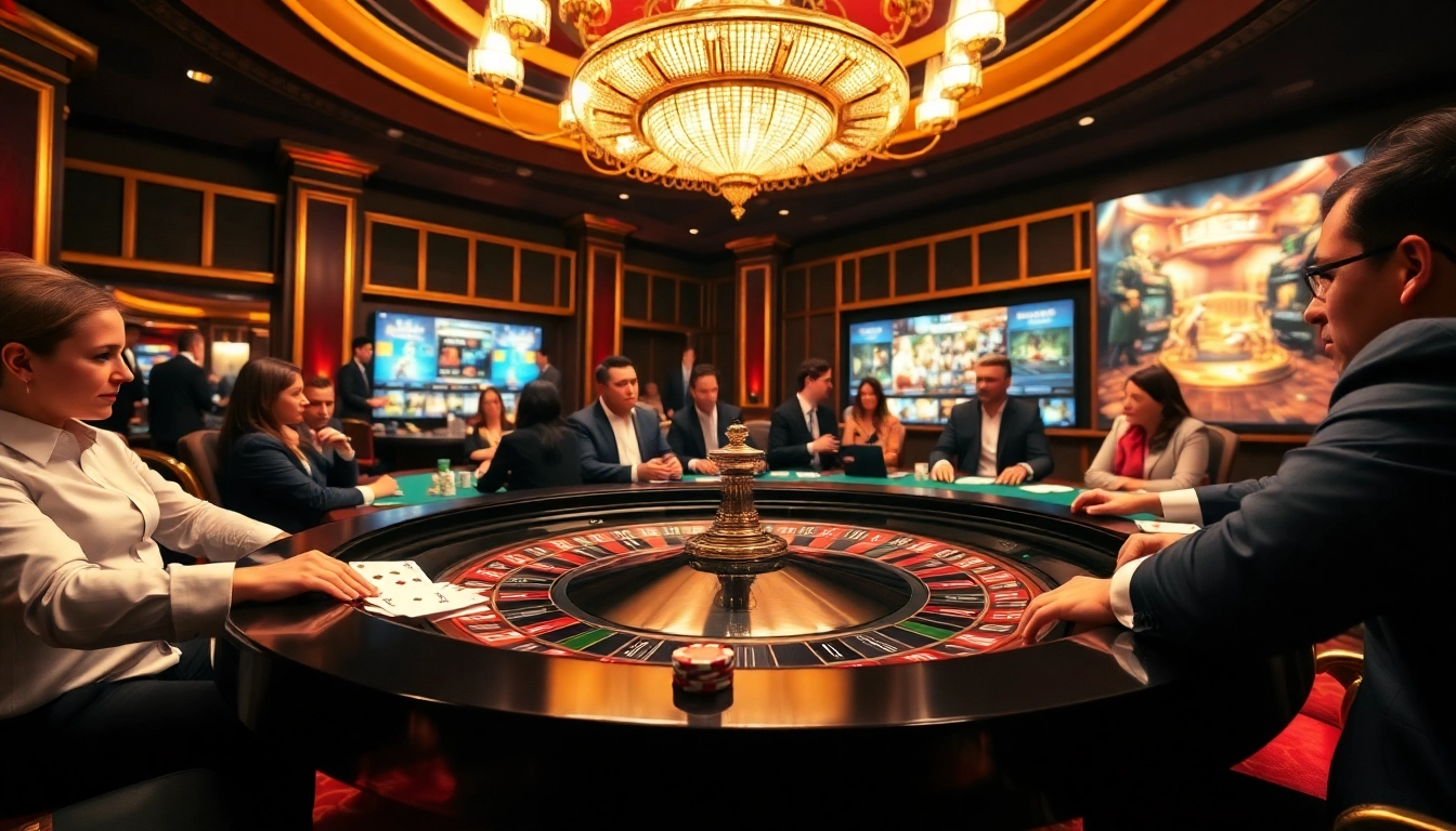 LUCK8 Roulette table with glamorous players and vibrant gambling atmosphere.