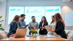Engaged team of a digital marketing company collaborating in a modern office.