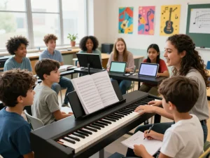 Students engaging with the GO 88 digital piano in a vibrant classroom, learning music fundamentals.
