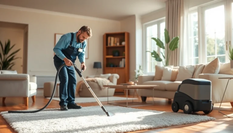 Local carpet cleaners perform effective cleaning techniques in a bright, modern living room.