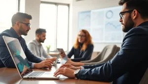Collaborative team utilizing AI for competitor analysis in a bright modern office.