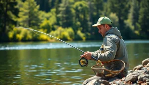 Beginner enjoying fly fishing in a tranquil setting, showcasing the art of casting.