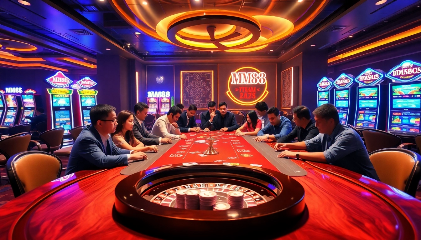 Experience excitement at the MM88 poker table surrounded by vibrant casino visuals.