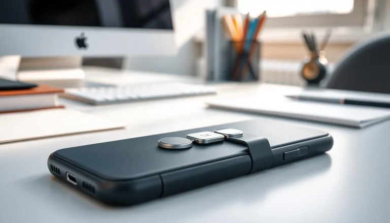 Die abschließbare Handytasche bietet perfekte Sicherheit und moderne Eleganz auf einem Schreibtisch.