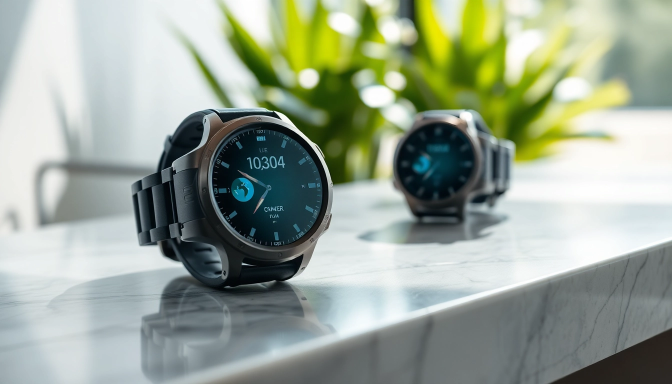 Showcasing the Explorer Plus GPS Smart Watch with a vibrant display and outdoor elements.