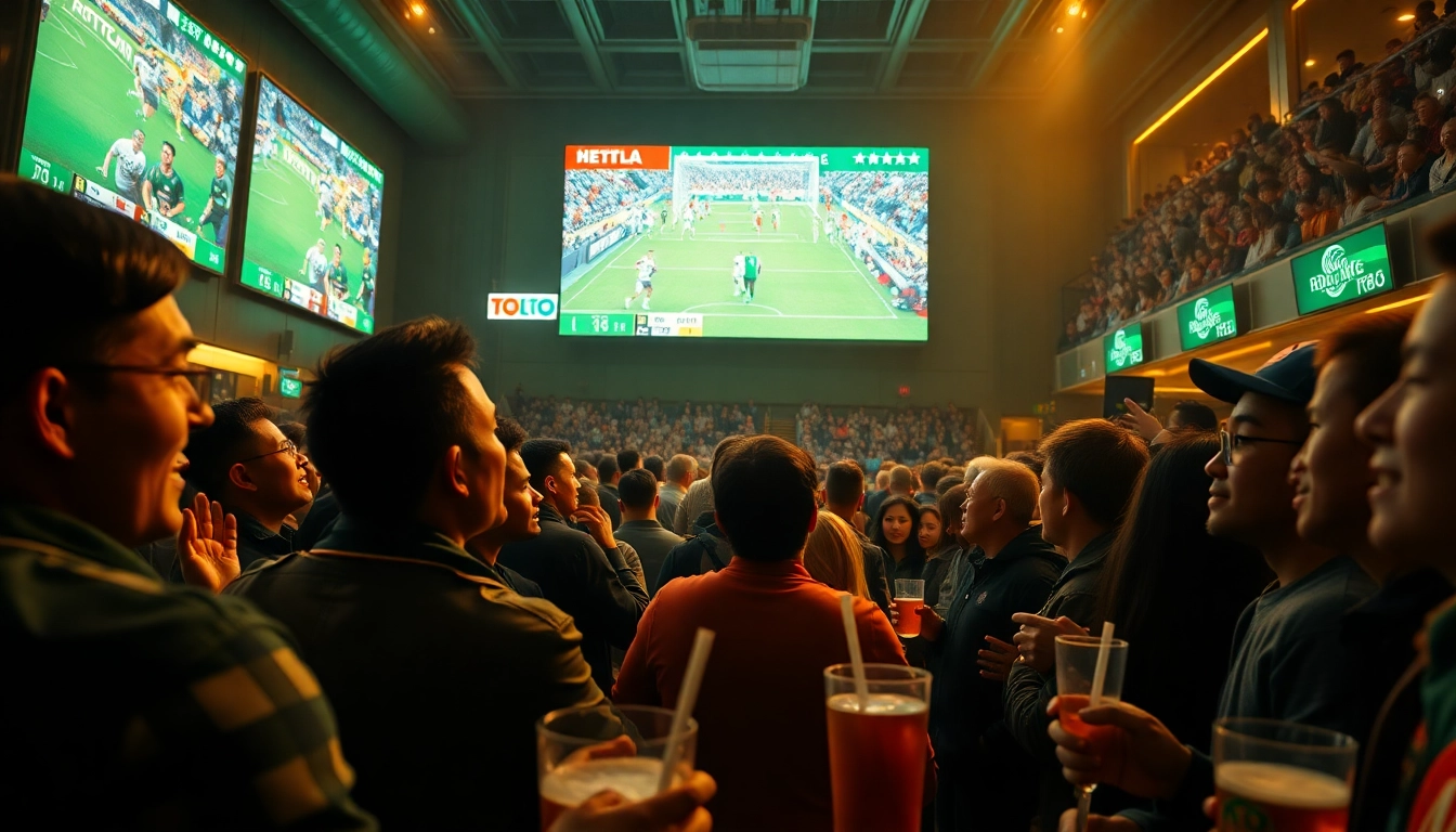 Vibrant sports betting scene with fans enjoying a live match, showcasing 토토스토리 atmosphere.