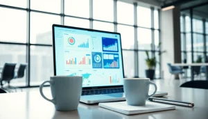 Showcasing enterprise search AI tools on a modern laptop in a vibrant office environment.