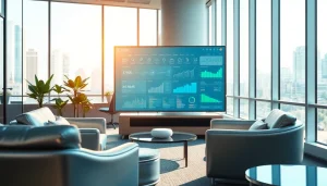 Illustration of enterprise search ai interface in a modern office setting, representing productivity.