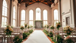 Beautiful wedding setup at a Jacksonville Wedding Venue with elegant floral details and bright lighting.