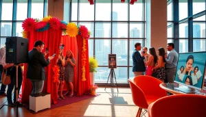 Guests enjoying a lively photo booth chicago experience at a vibrant event space.
