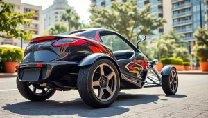 View of cheap street legal three wheeler trikes, showcasing vibrant design on a lively urban street.