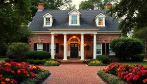 Stunning colonial home build featuring classic architecture and vibrant gardens.