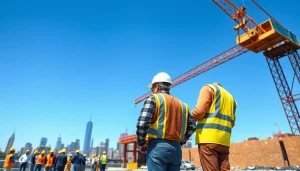 New York General Contractor managing a construction site with a skyline backdrop and diverse workers.