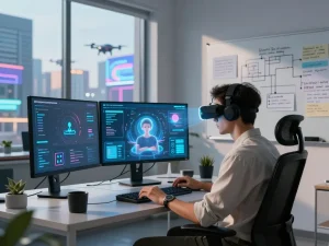 AI sex technology digital workspace with innovative VR interface and user feedback elements.