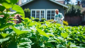 Pest control services technician applying eco-friendly treatments in a home garden.