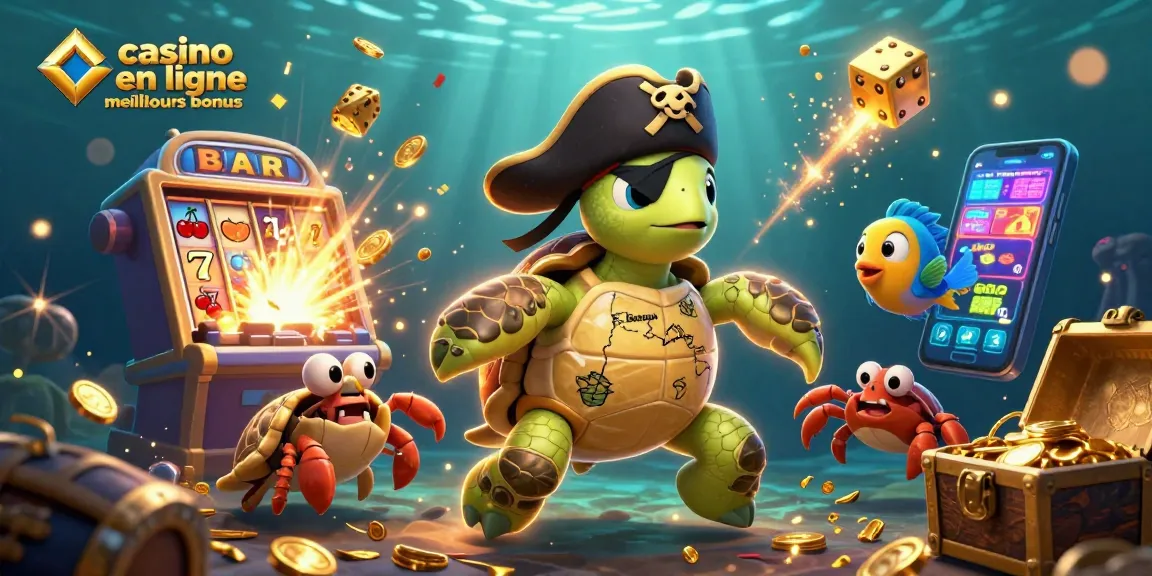 Illustration 3D de meilleurs bonus de casino en ligne avec une tortue pirate et trésor sous-marin.