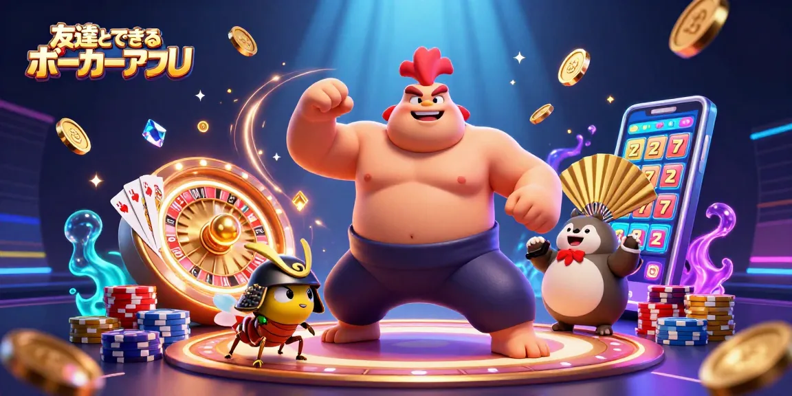 友達とできるポーカーアプリで楽しい夜を盛り上げるキャラクターたちのシーン