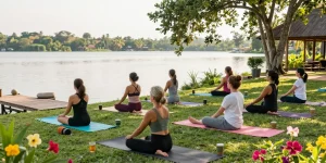 Engaged participants in yoga teacher training Sri Lanka at peaceful lakeside retreat, vibrant nature backdrop