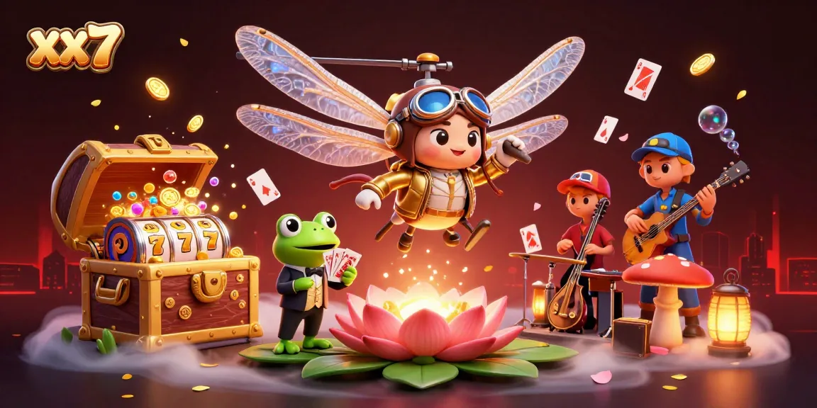 Win big with xx7 at the lively lily pad casino, featuring a frog croupier and fun gaming elements.